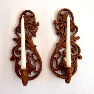 Vintage Homco Syroco Ornate Scroll Wall Sconces in Warm Brown - Pair